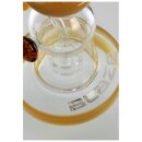 plaintextBong aus klarem Glas mit orangenen Akzenten, zylindrische Form, sichtbarer Perkolator, dekorative Glasapplikation an der Seite, &apos