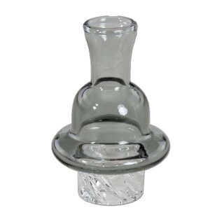 Glas-Carb-Cap in kuppelähnlicher Form mit grauer Oberseite und durchsichtigem Basisglas mit spiralförmig verlaufenden Kanälen, geeignet für Dab Rigs. Der Aufsatz zeigt eine glatte, glänzende Oberfläche.