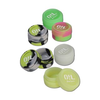 Kontainer aus Silikon, rund, in verschiedenen Farben: schwarz-gelb-weiß, grün, pink-gelb, transparent. Logo OIL Black Leaf auf dem Deckel. Dicht schließender Deckel.
