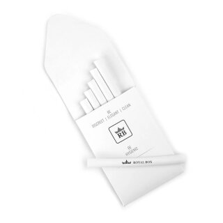 5 Ziehröhrchen aus Polymer, weiß, in weißem, offenem Umschlag mit Logo-Aufdruck RB und Aufschrift BE DISCREET | ELEGANT | CLEAN. Ein Röhrchen liegt außerhalb der Verpackung. Schlichtes, elegantes Design.