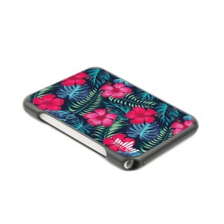 Kunststoff-Case mit rosa-weißem floralen Motiv, schwarzer Korpus, rechteckige Form, seitlich integriertes Fach für ein herausnehmbares weißes Röhrchen, Logo links oben aufgedruckt.
