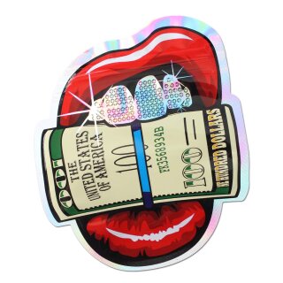 Schnellverschlussbeutel zeigt grafisches Design: rote Lippen beißen auf Geldschein im Cartoon-Stil, dekorative Steine als Zähne, bunte holografische Umrandung.