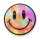 Schnellverschlussbeutel, rund, mit mehrfarbiger holografischer Oberfläche und schwarzem Smiley-Motiv. Zipperverschluss horizontal in der oberen Beutelsektion.