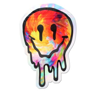 Schnellverschlussbeutel mit einem bunten Design, Smiley-Gesicht, das schmilzt und scheinbar heruntertropft.