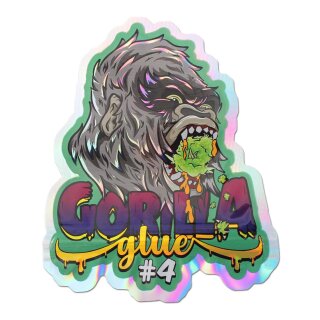 Schnellverschlussbeutel aus Kunststoff in Form eines Gorillakopfes, der etwas klebriges im Maul hat, darunter der Schriftzug Gorilla Glue, grüner Hintergrund, holographisches Schimmern am Rand.