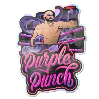 Schnellverschlussbeutel mit Boxer im Ring, der bereits blutige Handschuhe hat, darunter großer Schriftzug in Pink Purple Punch.