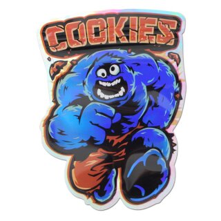 Schnellverschlussbeutel mit Comic-Monster in leuchtendem Blau und Orange auf holografischem Hintergrund. Oben Schriftzug COOKIES in Blockschrift. Beutelrand folgt Silhouette des Monsters.
