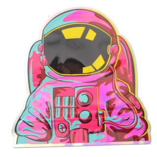 Schnellverschlussbeutel in Form eines Astronauten mit einem bunten, cartoonartigen Erscheinungsbild, samt Helm mit dunklem Visier sowie pinkem, türkisen und gelben Raumanzug.