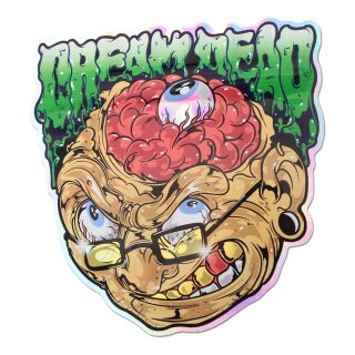 Schnellverschlussbeutel in Form eines Kopef, aus dem ein Gehirn mit herausstehendem Augapfel herausragt, Figur trägt Glasbrille, hat gelbe Zähne, ist umgeben von grüner Schleimschrift Dream Dead am oberen Rand.