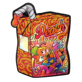 Schnellverschlussbeutel in Form eines Trinkpäckchens, Orange, vorn ist ein Pfirsich, der auf einem Flamingo reitet, zu sehen, darüber der Schriftzug Peach, aus dem Strohhalm an der Seite tropft etwas Saft.