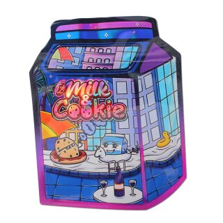 Schnellverschlussbeutel in Form eines Tetrapacks, darauf abgebildet eine Poolszenerie, in der ein Cookie und eine Milchtüte in Schwimmreifen baden.