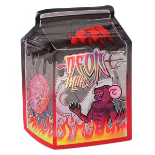 Schnellverschlussbeutel in Form eines Tetrapacks mit Flammen am Boden und einem Teufel sowie einem Pentagram, darüber der Schriftzug Devil Milk, oben schaut eine große rote Hand hervor.