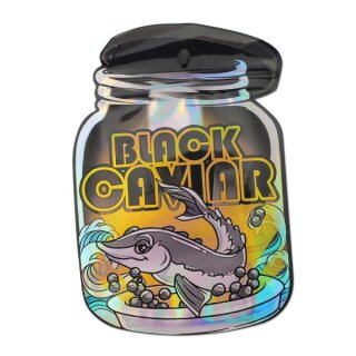 Schnellverschlussbeutel aus Kunststoff in Form eines Glases mit der Aufschrift Black Caviar in gelber Schrift auf schwarzem Hintergrund, zeigt ein illustriertes Fischdesign mit Wellen und Kaviar.