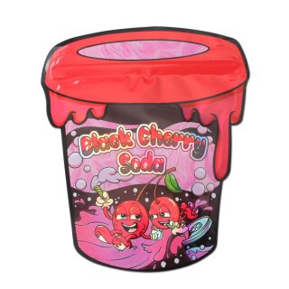 Schnellverschlussbeutel in Form eines roten Bechers mit Aufschrift Black Cherry Soda, Cartoon-Kirschen auf sprudelndem Hintergrund.
