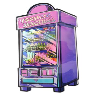 Schnellverschlussbeutel in Form einer Vending-Maschine: bunte cartoonartige Darstellung einer purpurfarbenen Verkaufsmaschine mit Beleuchtung; frontale Ansicht; Schriftzug Vending Machine oben; Grafiken von Bongs und Zubehör im Inneren.