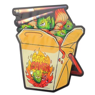 Schnellverschlussbeutel in Form einer chinesischen Take-Out-Box mit den Worten Spicy Ramen, dekoriert mit Cartoons von Chilischoten, Buds und Nudeln; zwei Essstäbchen oben.