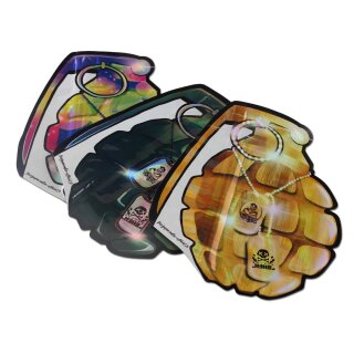 Drei Schnellverschlussbeutel in Form von bunten Granaten, die vordere ist goldem die in der Mitte dunkelgrün und die hintere regenbogenfarben.