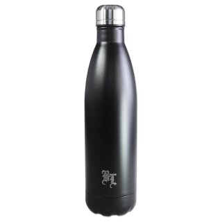 Schlanke, hohe Trinkflasche aus Metall in Schwarz mit Edelstahl-Deckel, Black Leaf Logo auf Korpus.