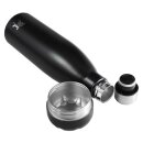 schwarze Trinkflasche aus Edelstahl, liegend, Deckel daneben, Geheimfach im Boden aufgeschraubt.