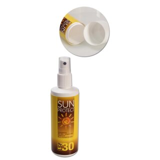 Sonnenschutz in einer Sprühflasche mit Zerstäuber, weiße Flasche aus Kunststoff, gelb-braunes Etikett mit Aufschrift Sun Protect und LSF 30, mit kleinem Detailbild daneben, dass der Boden der Flasche abnehmbar ist.