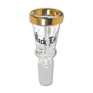 Glaskopf mit Schriftzug Black Leaf, goldener Rand, Klarglas mit mattem Schliffansatz.