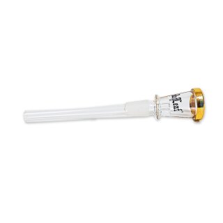 Glas-Chillum mit festem Schliff und goldenem Rand, mit schwarzer Schrift auf oberem Abschnitt.