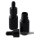 Schwarze Glasflasche mit aufgesetzter Pipette, eine Flasche mit Schraubverschluss geöffnet, transparente Pipette liegt davor, schwarzer Deckel.