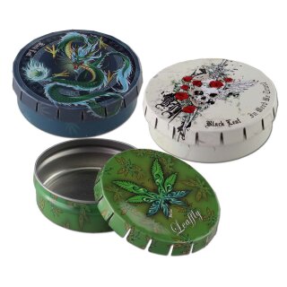 Drei Click-Clack-Dosen als Set, aus Metall, runde Designs: blauer Drache, weißer Totenkopf mit Rosen, grünes Hanfblattmotiv