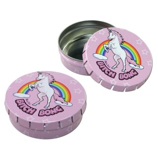 Aufbewahrungsdose aus Metall, rund, rosa, mit Einhorn-Regenbogen-Design und Bitch Bong-Schriftzug auf dem Deckel, Sternenmuster um den Rand, zweiteiliger Aufbau, geöffnete Ansicht zeigt silbernen Innenraum.