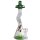 Bong mit gewelltem Hals aus klarem Glas, grüne Kuppel mit mehreren Abstützpunkten und grüner Basis. Eingebauter Perkolator im Inneren, farbige Pilzdekorationen sichtbar.