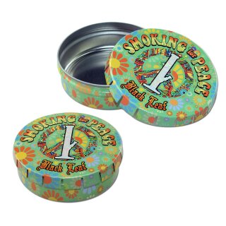 Metalldose mit abnehmbarem Deckel; grün mit buntem Blumenmuster und Smoking for Peace Aufschrift auf dem Deckel; geschlossene Dose vorn, dahinter geöffnet, innen silbern.